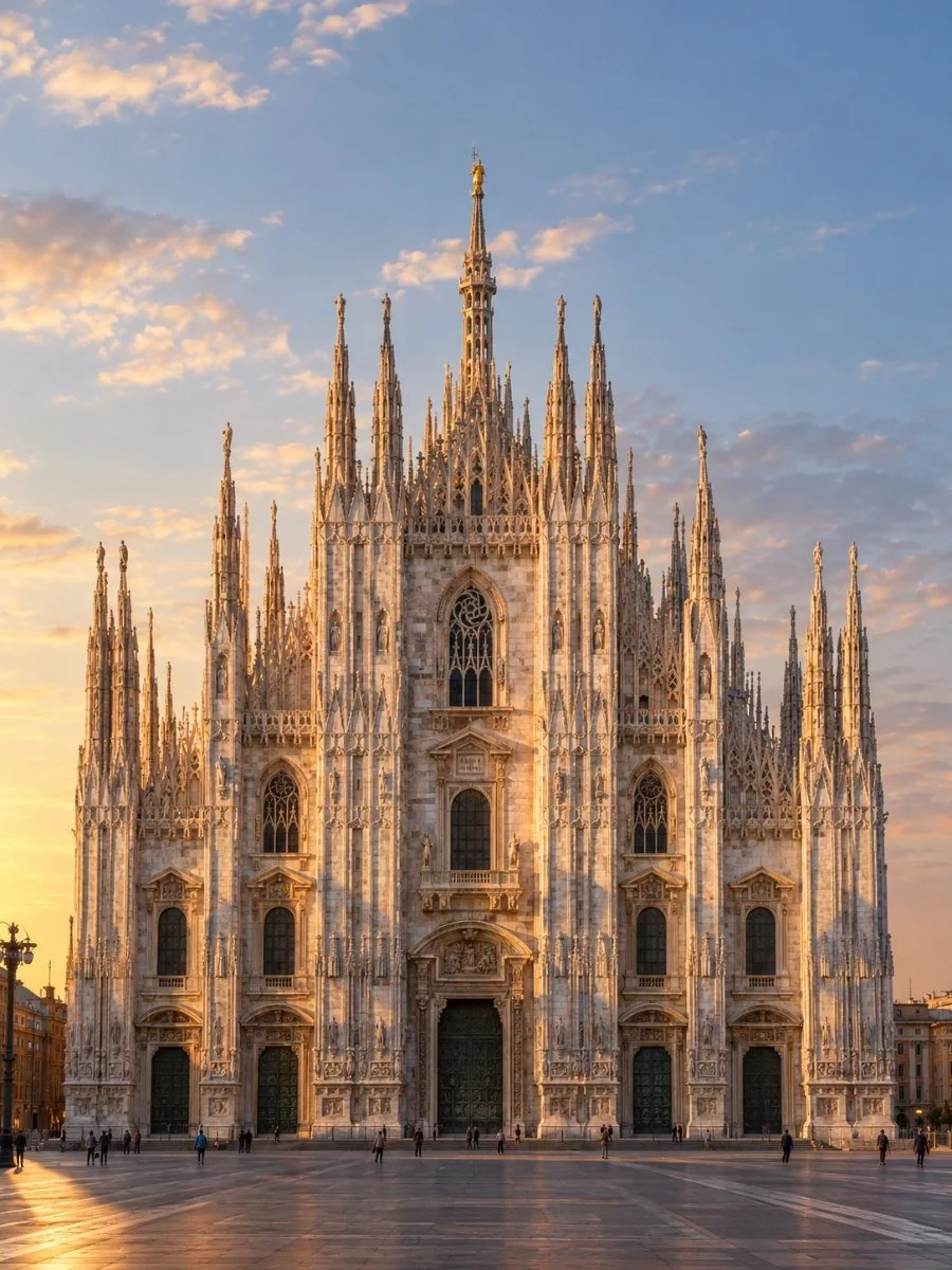 The marble facade of the Duomo di Milano in low afternoon sun, its statues and pinnacles casting long shadows, with the Madonnina above