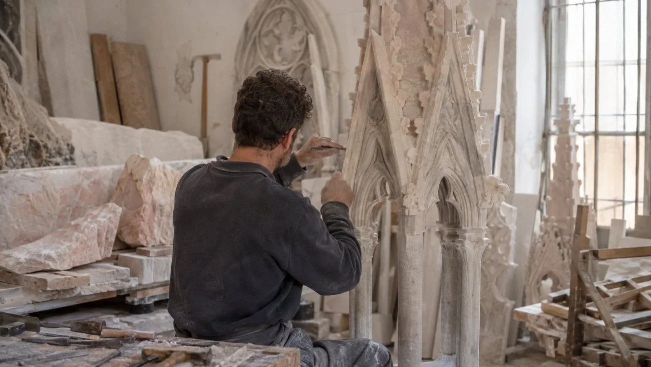 Marble workers of the Veneranda Fabbrica restoring a carved pinnacle in a workshop, with blocks of pink Candoglia marble