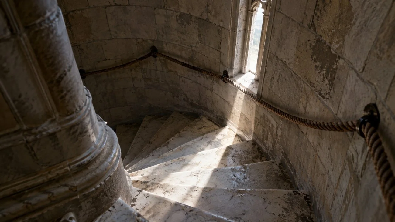 The narrow spiral marble staircase inside the Duomo di Milano leading up to the terraces, lit from a slit window