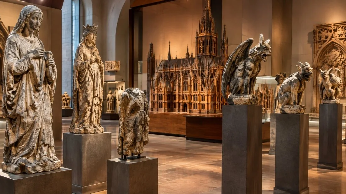 Original marble statues and gargoyles from the Duomo displayed in the halls of the Duomo Museum