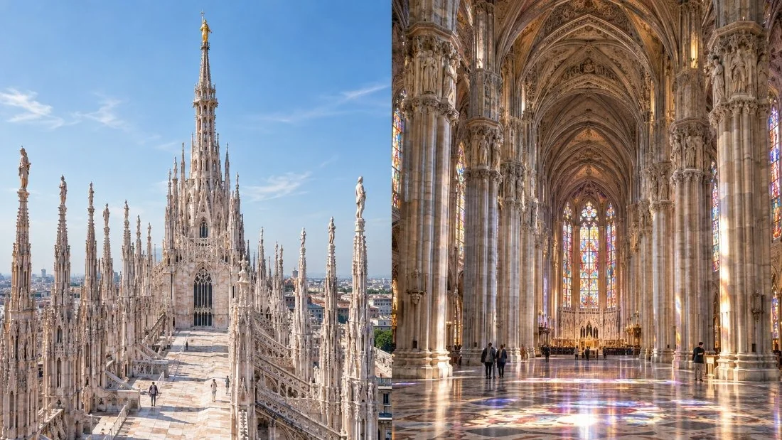 The nave of the Duomo di Milano with its tall marble columns, stained glass and the light of the apse windows
