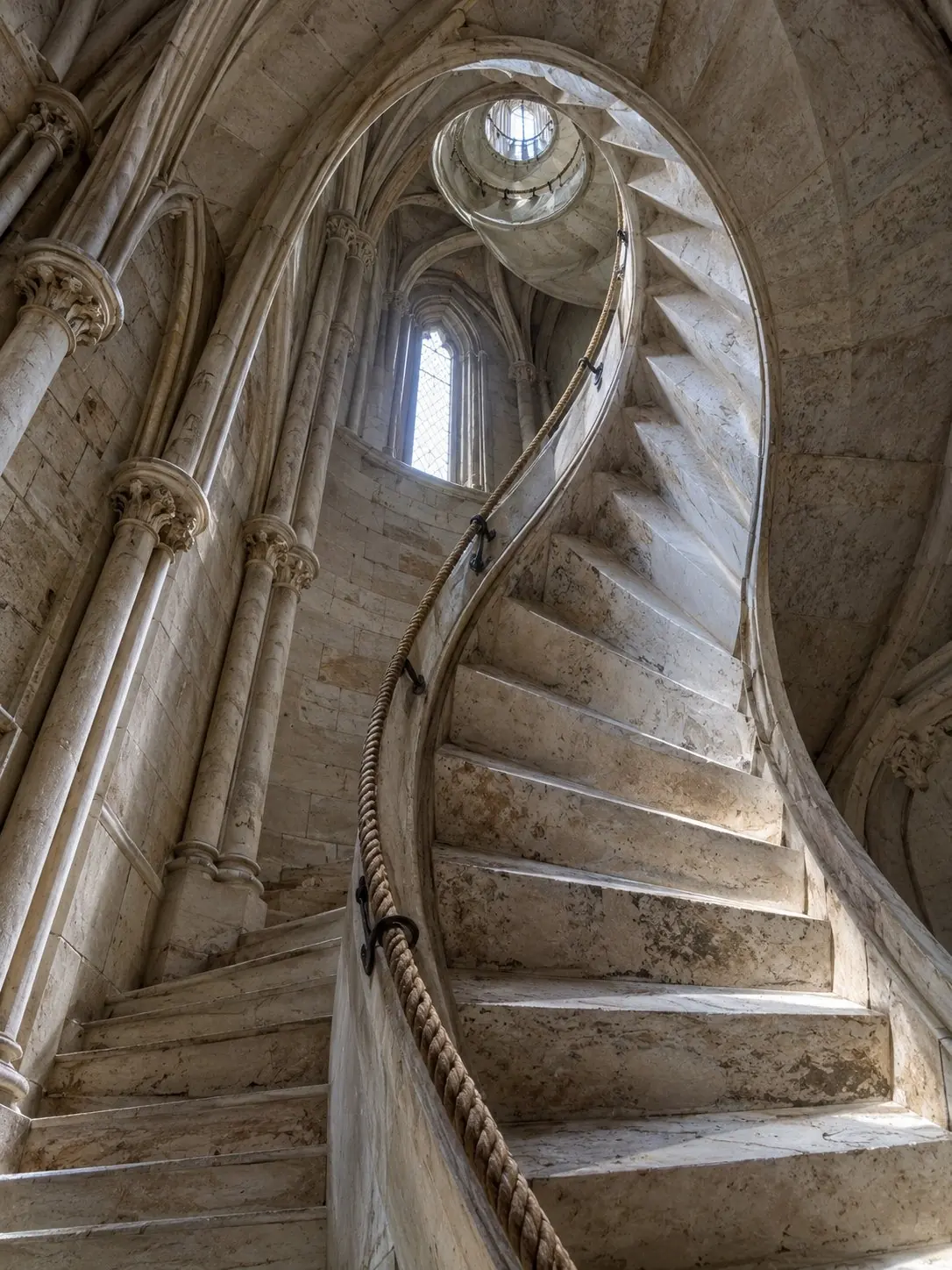 The narrow spiral marble staircase that climbs to the terraces of the Duomo di Milano